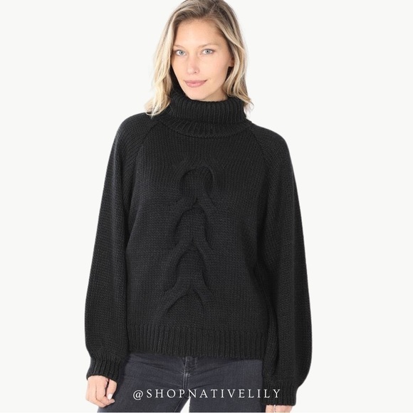 NWT Zenana Knit Cable Turtleneck Balloon Sleeve Sweater | Sz Medium | Black - Picture 1 of 3